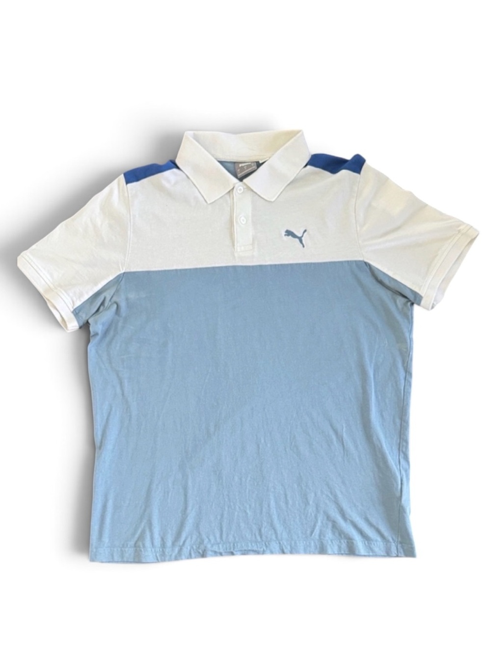 PUMA GOLF POLO SHIRT ESSENTIAL COTTON TEE BLUE COLOR BLOCK SPORT ATHLETIC LARGE